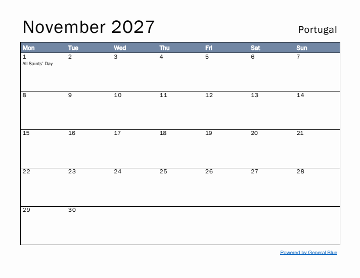 November 2027 Simple Monthly Calendar for Portugal