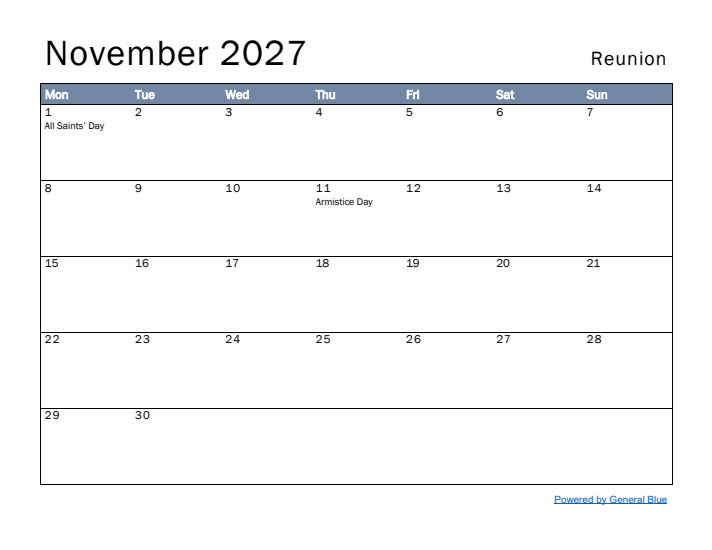 November 2027 Simple Monthly Calendar for Reunion