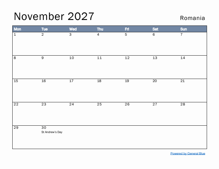 November 2027 Simple Monthly Calendar for Romania