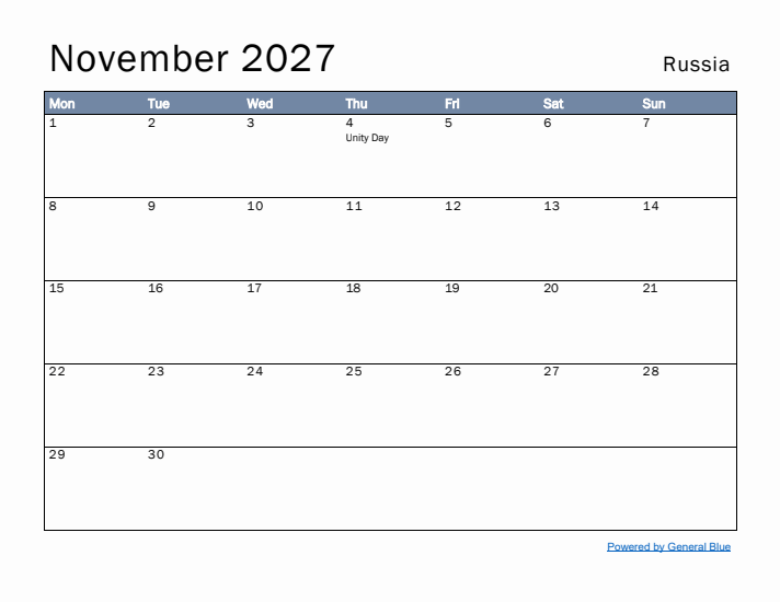 November 2027 Simple Monthly Calendar for Russia