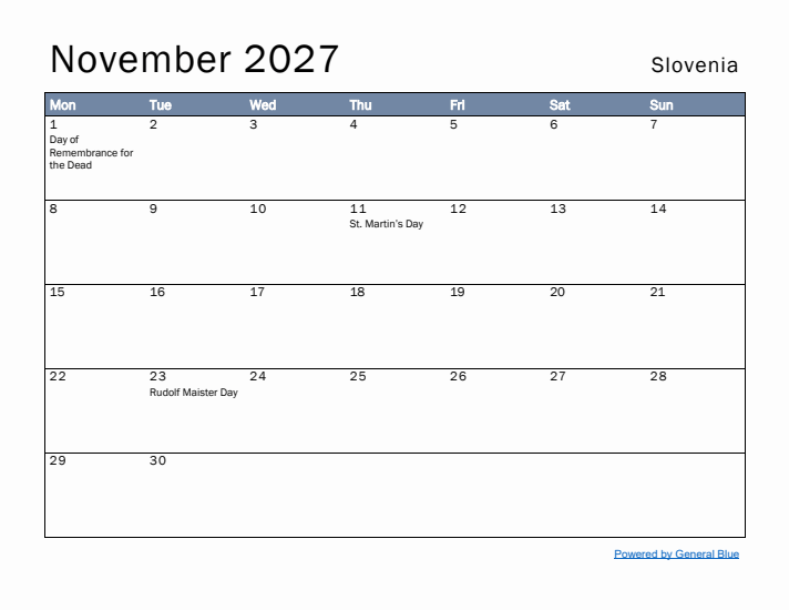 November 2027 Simple Monthly Calendar for Slovenia