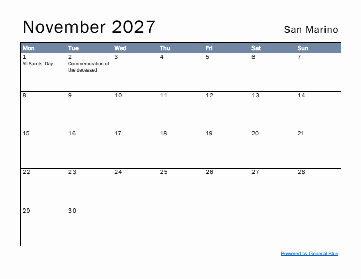 November 2027 Simple Monthly Calendar for San Marino