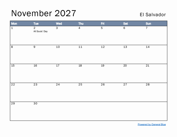 November 2027 Simple Monthly Calendar for El Salvador