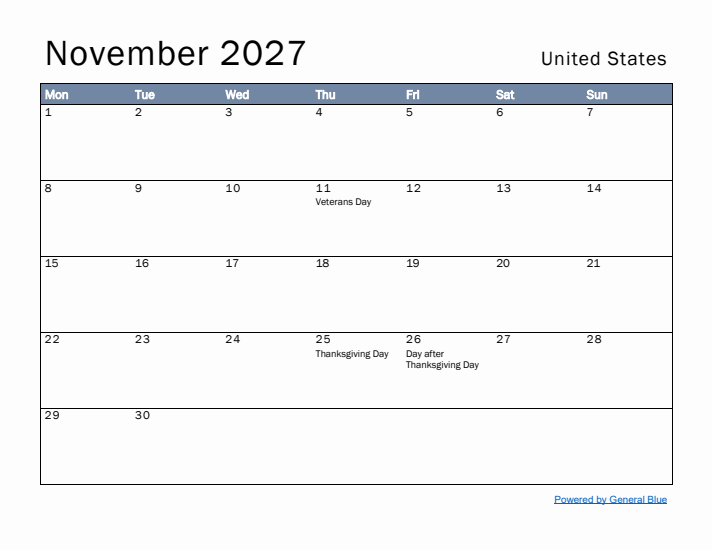 November 2027 Simple Monthly Calendar for United States