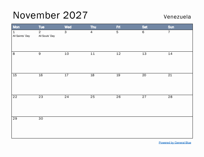 November 2027 Simple Monthly Calendar for Venezuela