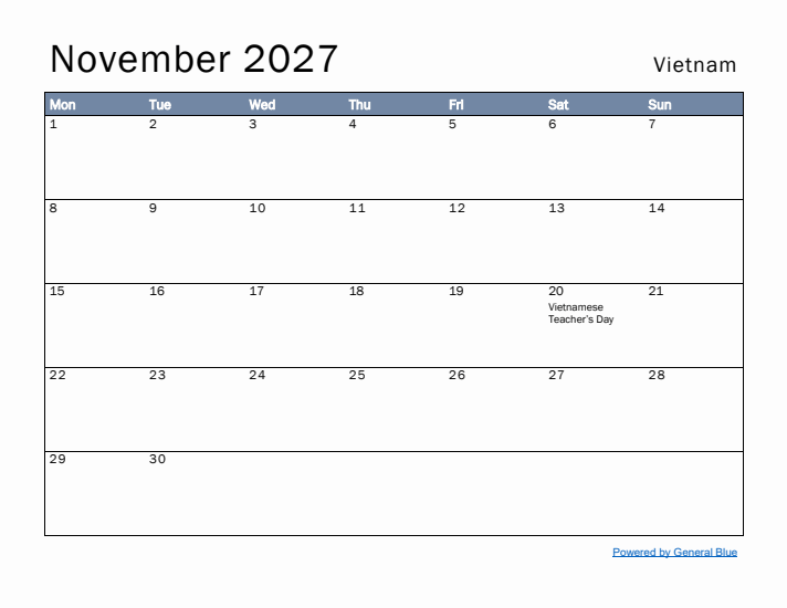 November 2027 Simple Monthly Calendar for Vietnam