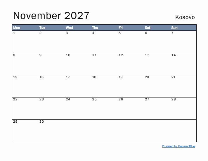 November 2027 Simple Monthly Calendar for Kosovo