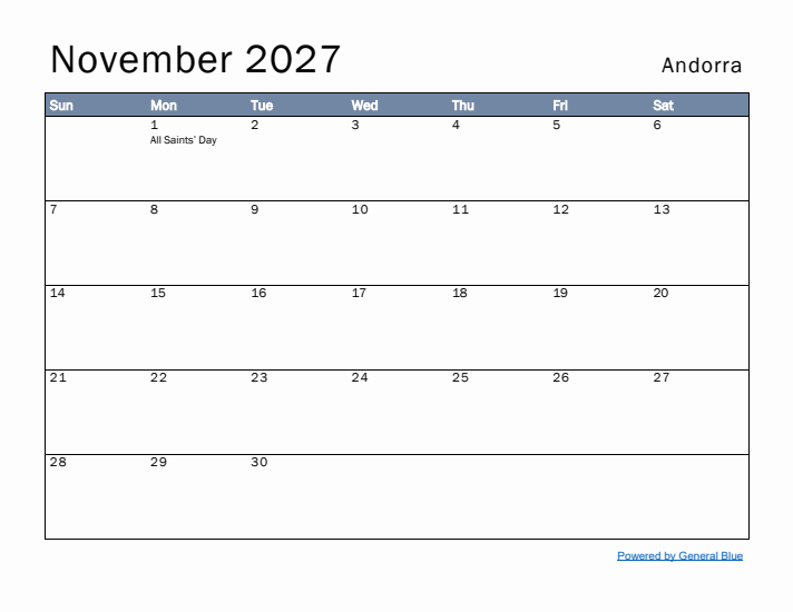 November 2027 Simple Monthly Calendar for Andorra