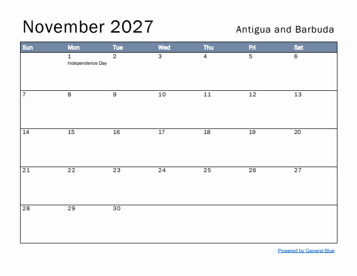 November 2027 Simple Monthly Calendar for Antigua and Barbuda