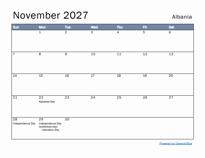 November 2027 Simple Monthly Calendar for Albania