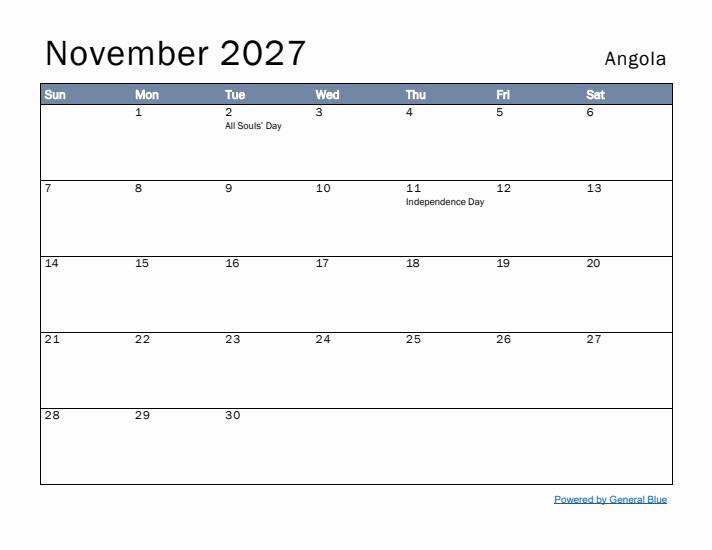 November 2027 Simple Monthly Calendar for Angola