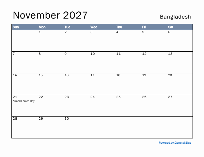 November 2027 Simple Monthly Calendar for Bangladesh