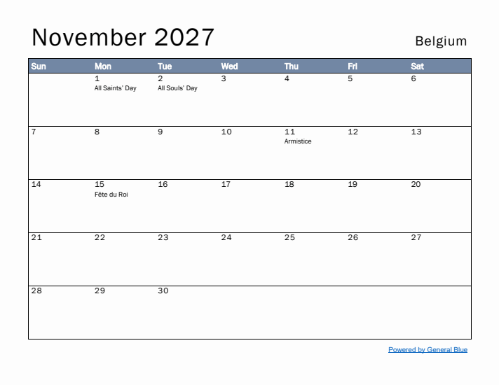 November 2027 Simple Monthly Calendar for Belgium