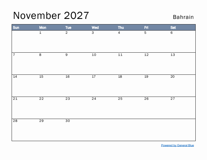 November 2027 Simple Monthly Calendar for Bahrain