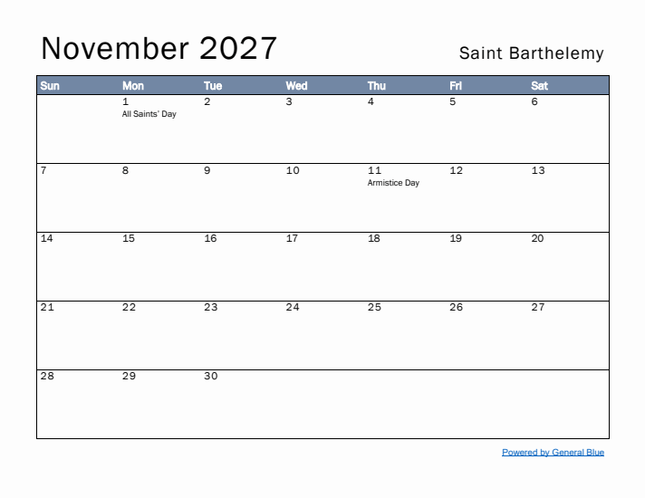 November 2027 Simple Monthly Calendar for Saint Barthelemy