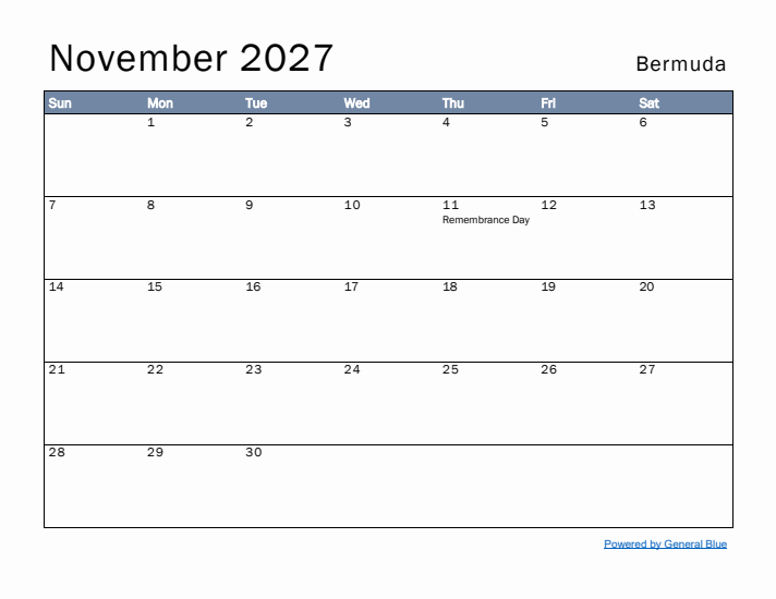 November 2027 Simple Monthly Calendar for Bermuda