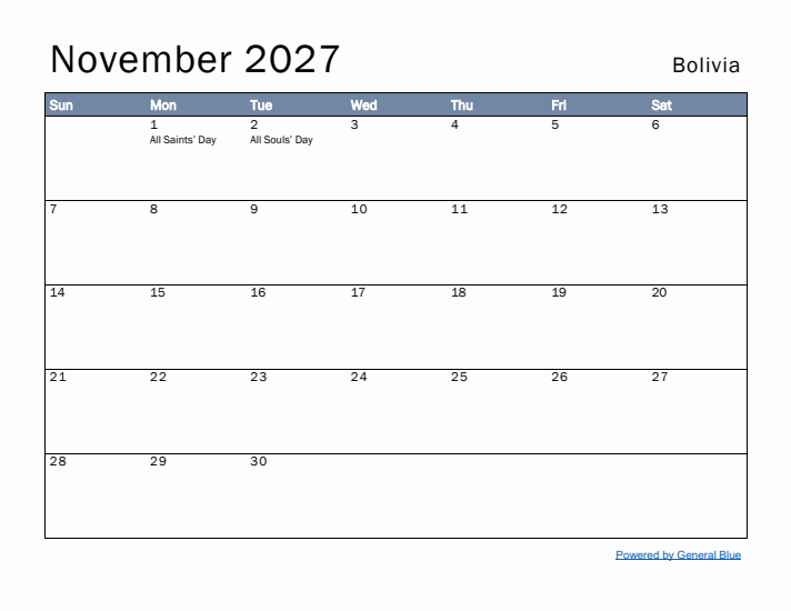 November 2027 Simple Monthly Calendar for Bolivia