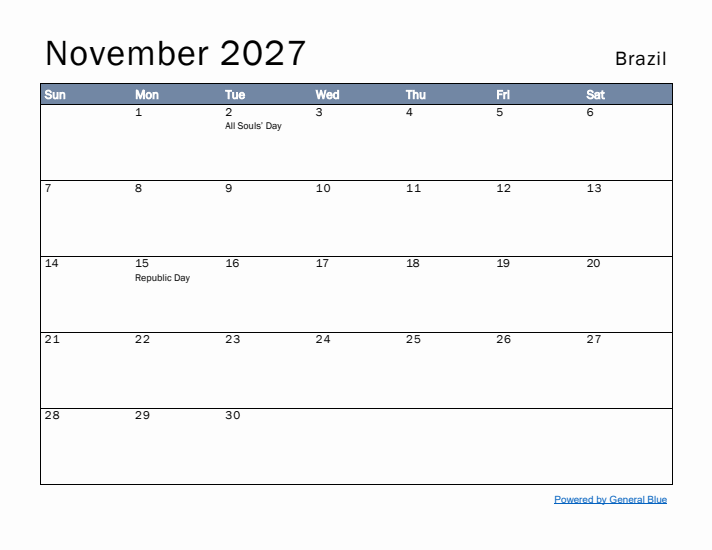 November 2027 Simple Monthly Calendar for Brazil