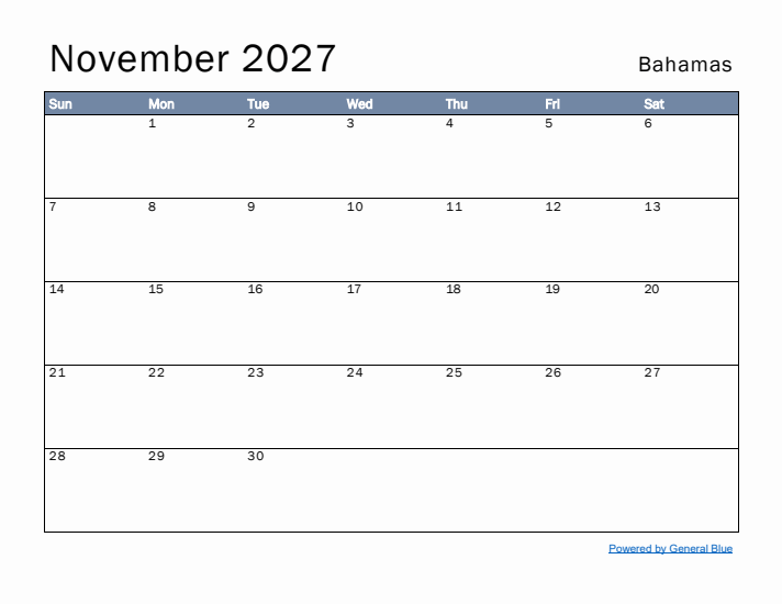 November 2027 Simple Monthly Calendar for Bahamas