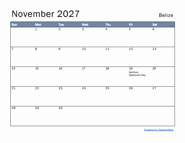 November 2027 Simple Monthly Calendar for Belize