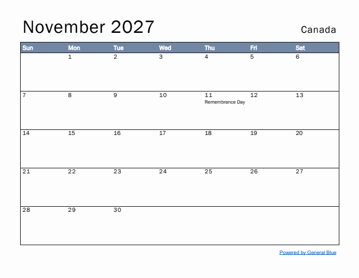 November 2027 Simple Monthly Calendar for Canada