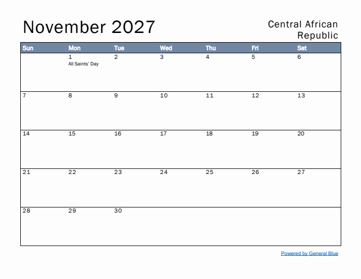 November 2027 Simple Monthly Calendar for Central African Republic