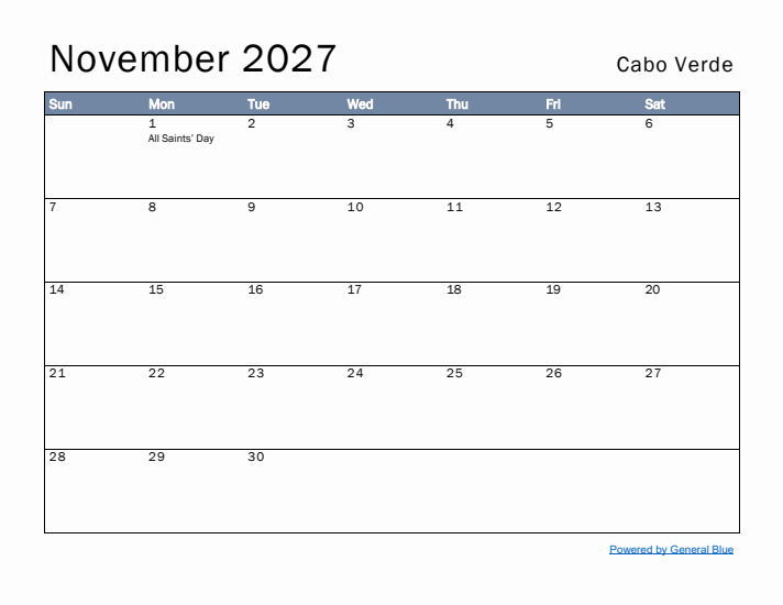 November 2027 Simple Monthly Calendar for Cabo Verde