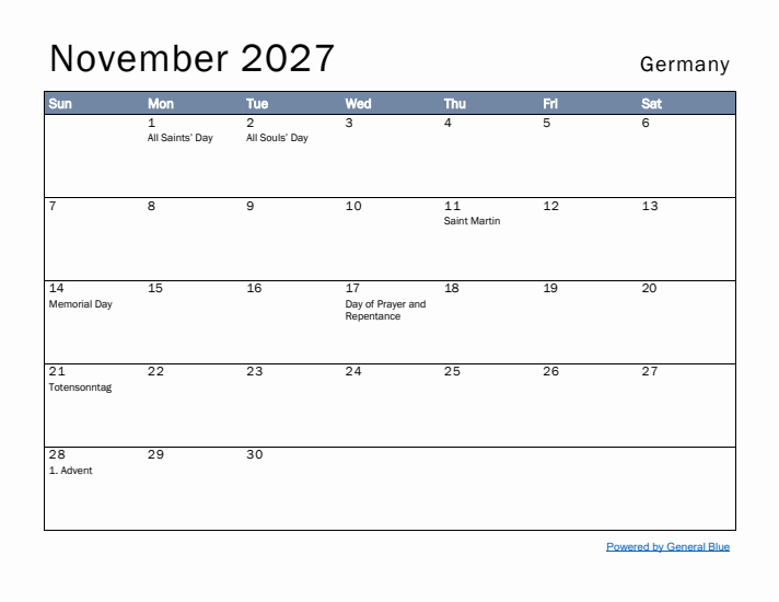 November 2027 Simple Monthly Calendar for Germany