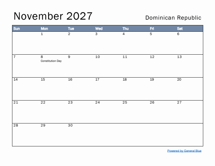 November 2027 Simple Monthly Calendar for Dominican Republic