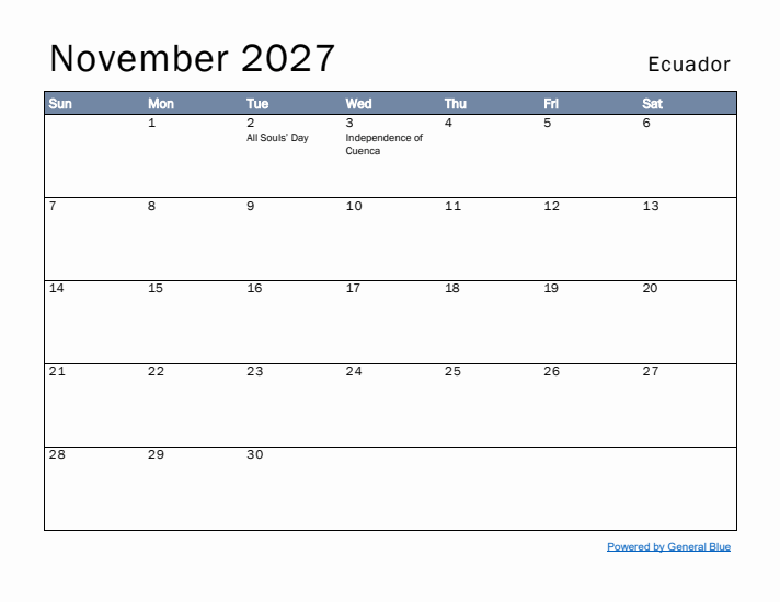 November 2027 Simple Monthly Calendar for Ecuador