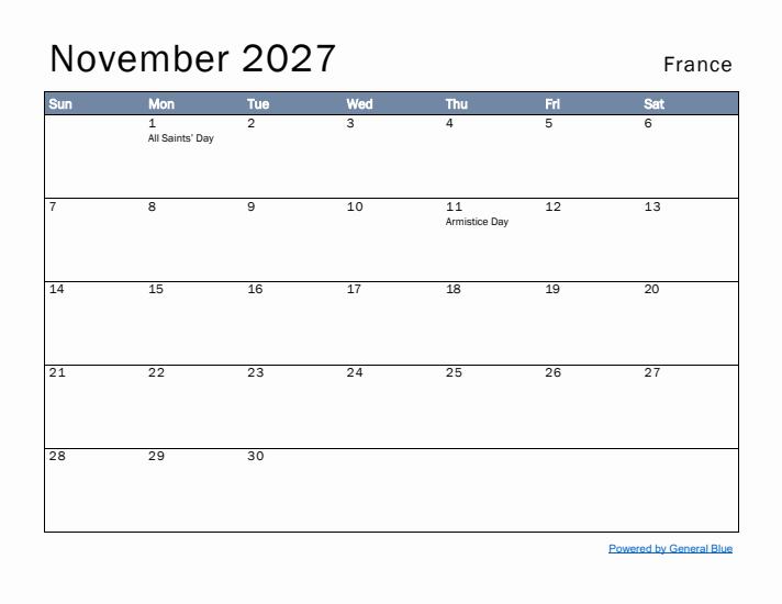 November 2027 Simple Monthly Calendar for France