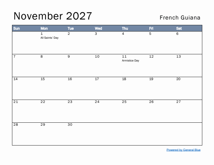 November 2027 Simple Monthly Calendar for French Guiana