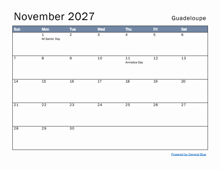 November 2027 Simple Monthly Calendar for Guadeloupe