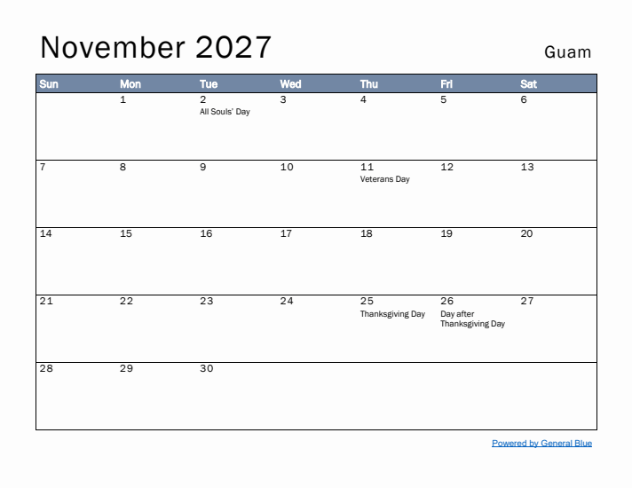 November 2027 Simple Monthly Calendar for Guam