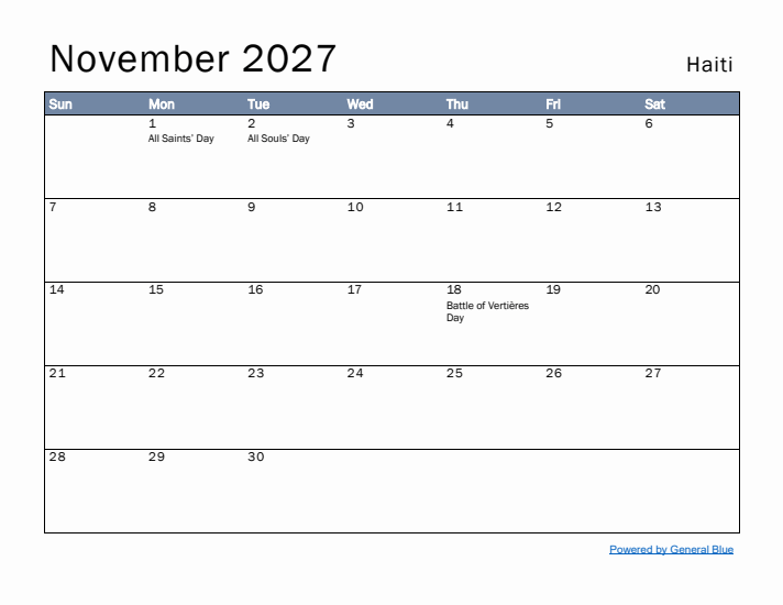 November 2027 Simple Monthly Calendar for Haiti