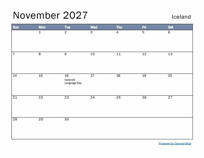 November 2027 Simple Monthly Calendar for Iceland