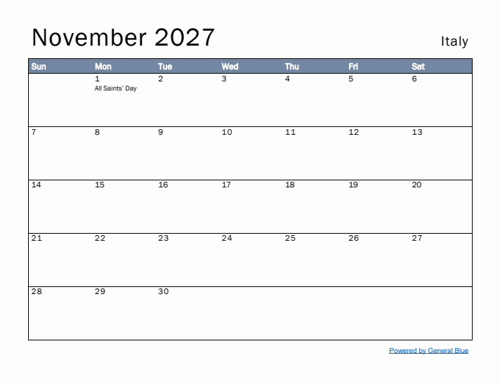 November 2027 Simple Monthly Calendar for Italy