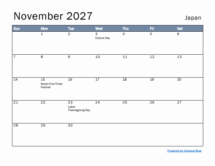 November 2027 Simple Monthly Calendar for Japan