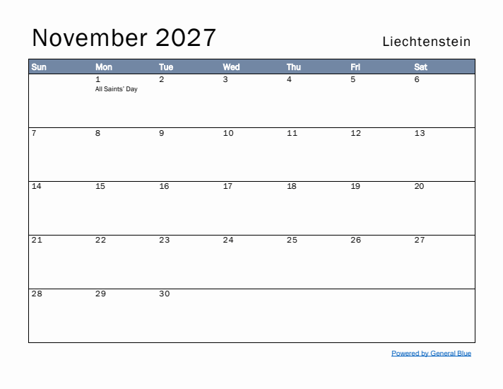 November 2027 Simple Monthly Calendar for Liechtenstein