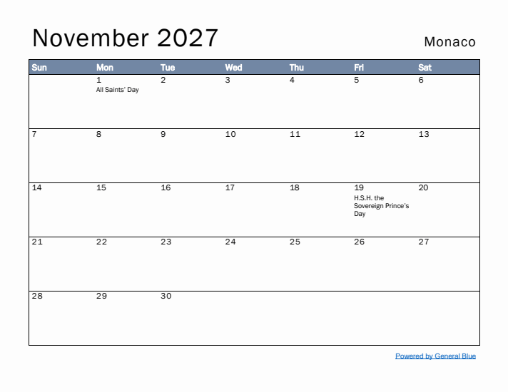 November 2027 Simple Monthly Calendar for Monaco