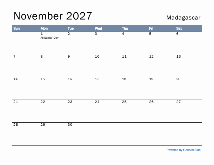 November 2027 Simple Monthly Calendar for Madagascar