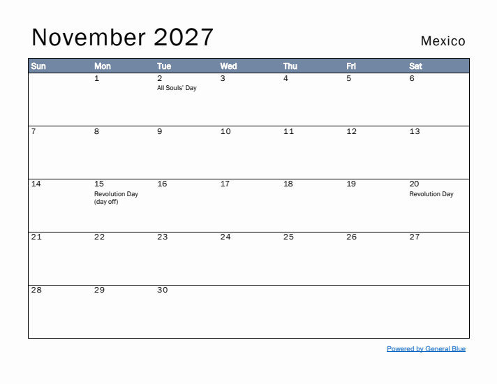 November 2027 Simple Monthly Calendar for Mexico