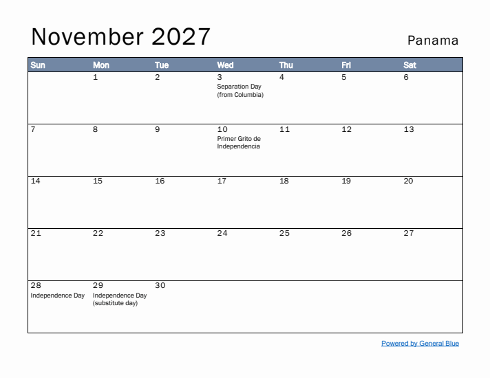 November 2027 Simple Monthly Calendar for Panama