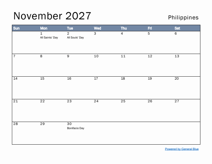 November 2027 Simple Monthly Calendar for Philippines