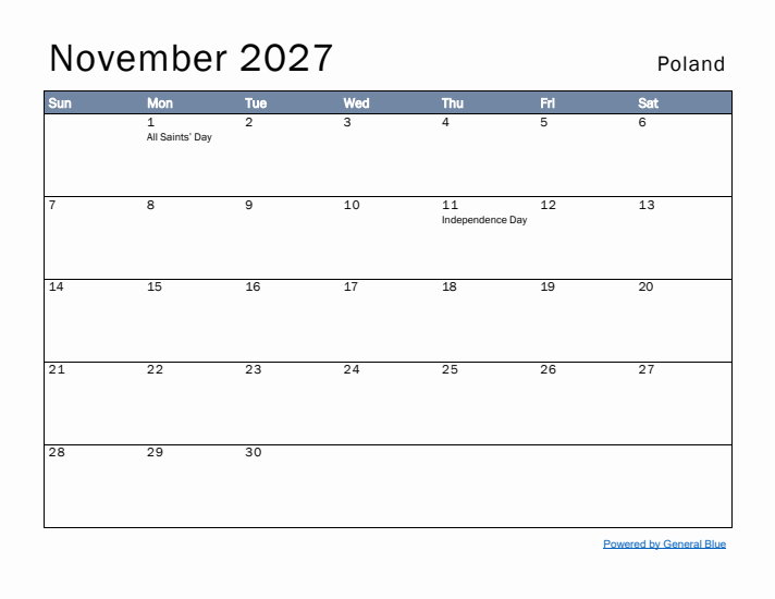 November 2027 Simple Monthly Calendar for Poland