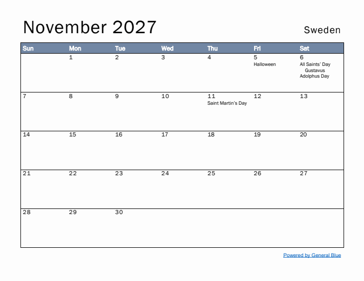 November 2027 Simple Monthly Calendar for Sweden