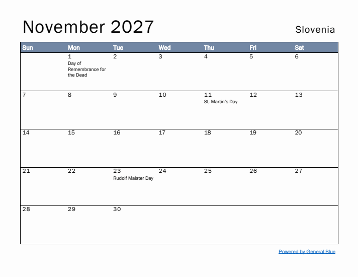 November 2027 Simple Monthly Calendar for Slovenia