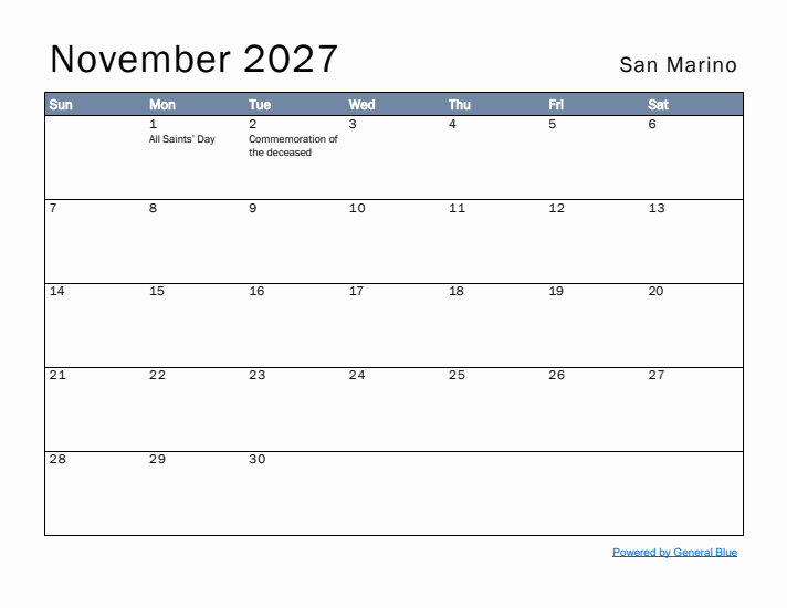 November 2027 Simple Monthly Calendar for San Marino