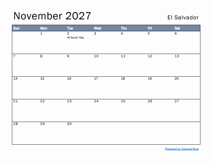 November 2027 Simple Monthly Calendar for El Salvador