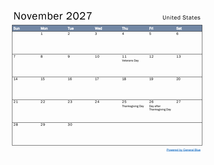 November 2027 Simple Monthly Calendar for United States